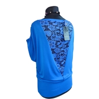 Bluzka z krótkim rękawkiem kimono z koronką na plecach - chabrowa